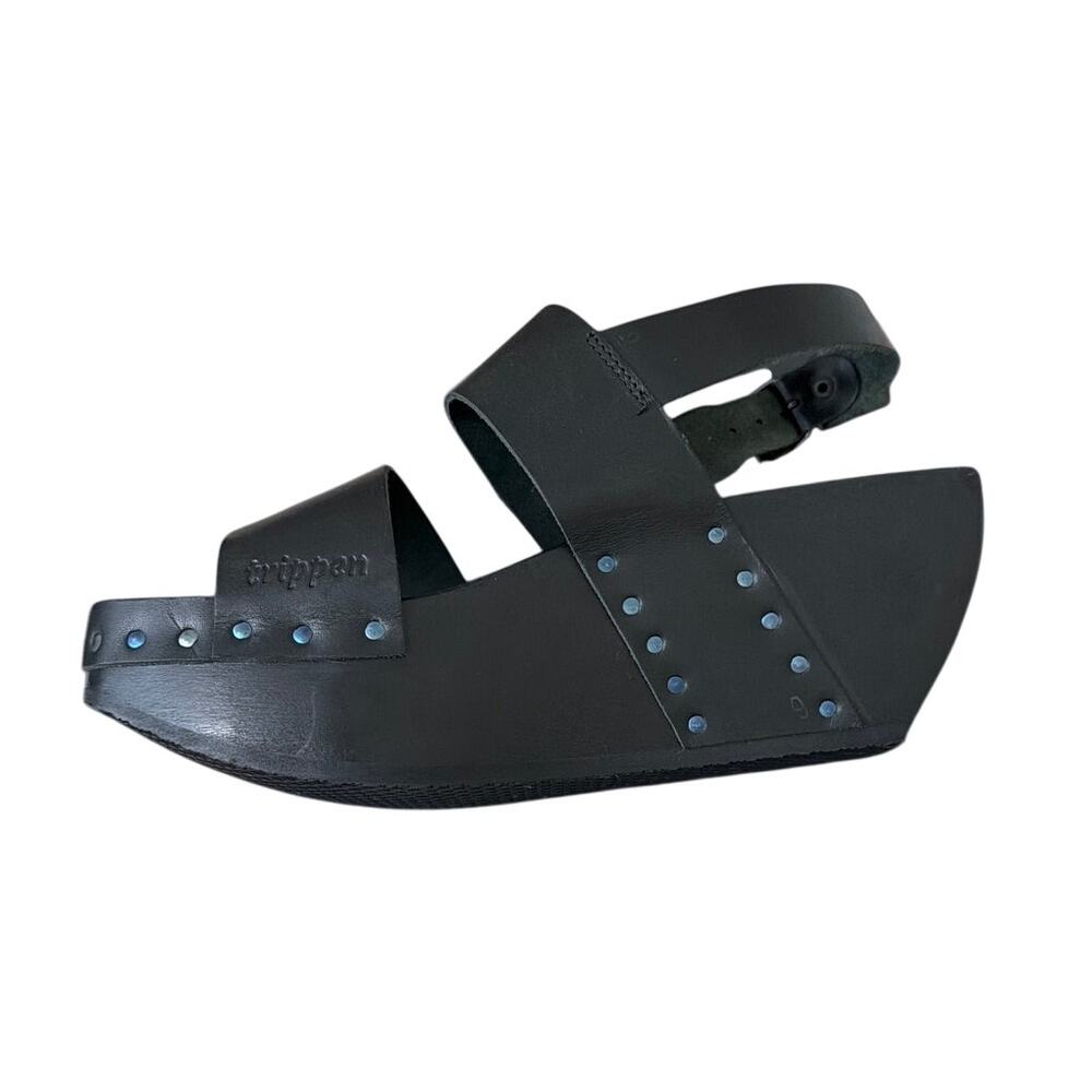 Trippen Black Leather Platform Wedge Sandals Wooden Sole Studded Strappy Sz 39 9 - Picture 6 of 8
